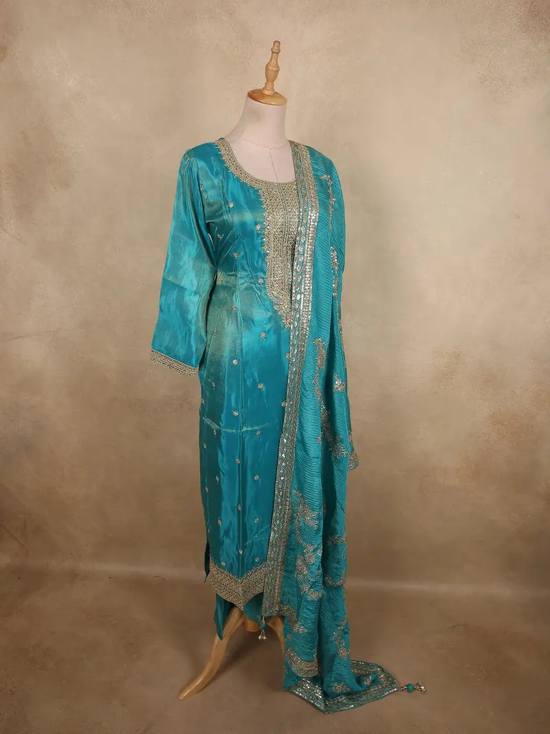 Peacock Teal Blue Floral Zari Embroidered Design Tissue Silk Salwar Suit 4