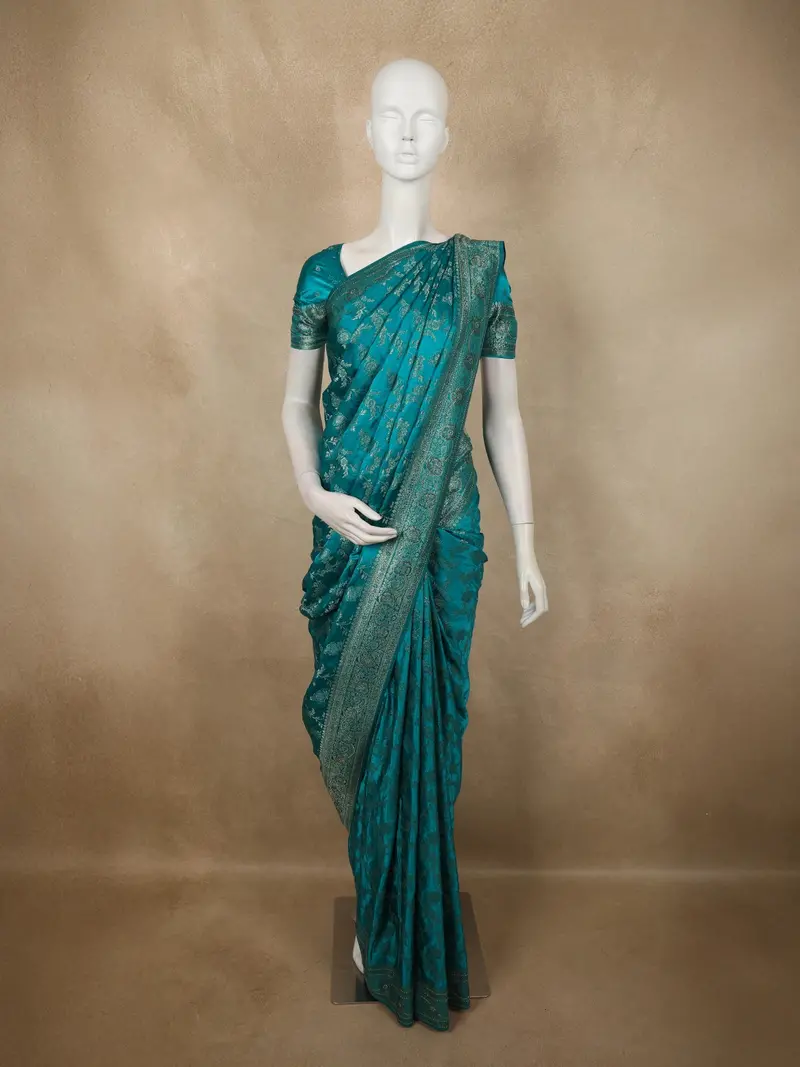 Peacock Teal Blue Floral Zari Woven Design Banarasi Silk Designer Saree With Designer Border 1