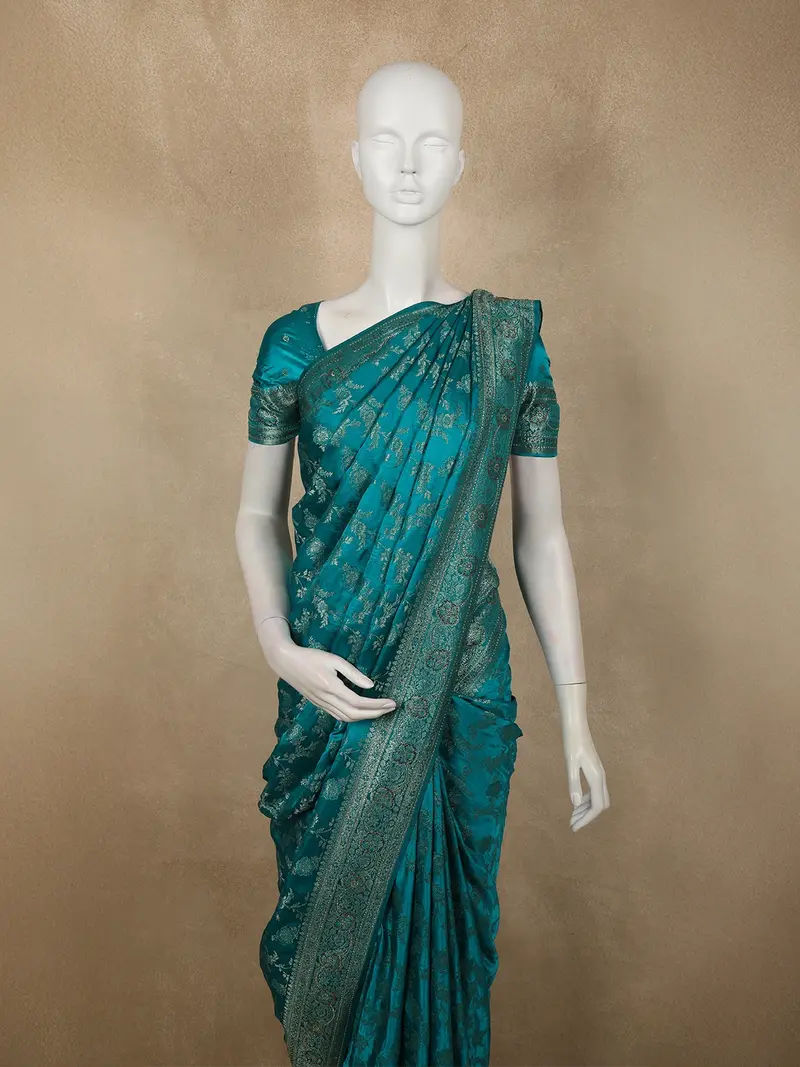 Peacock Teal Blue Floral Zari Woven Design Banarasi Silk Designer Saree With Designer Border 2