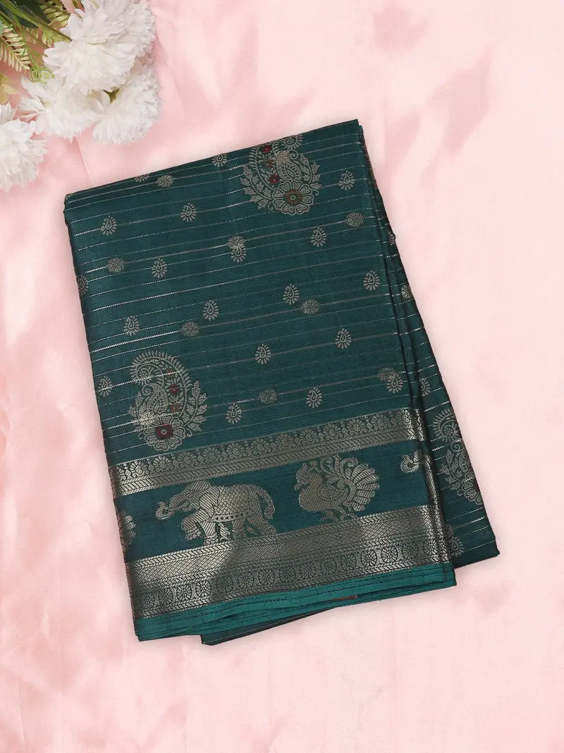 Peacock Teal Blue Paisley Butta Woven Design Semi Silk Saree With Animal Motif  Border 1