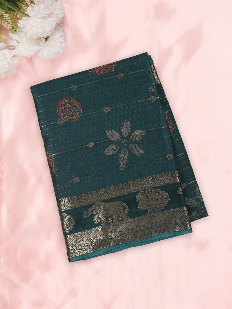 Peacock Teal Blue Paisley Butta Woven Design Semi Silk Saree With Animal Motif  Border 1