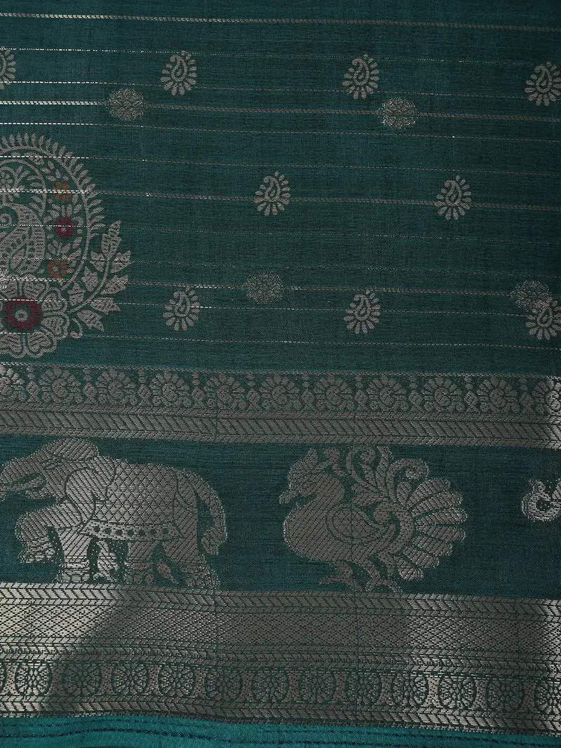 Peacock Teal Blue Paisley Butta Woven Design Semi Silk Saree With Animal Motif Border 2