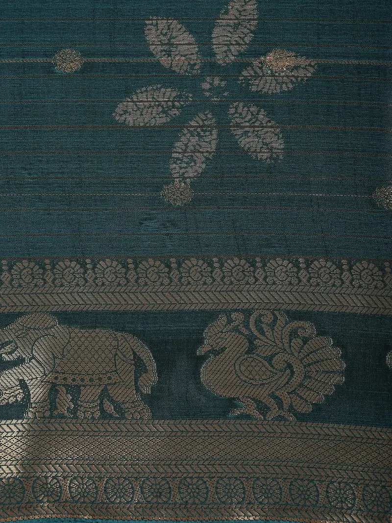 Peacock Teal Blue Paisley Butta Woven Design Semi Silk Saree With Animal Motif Border 2