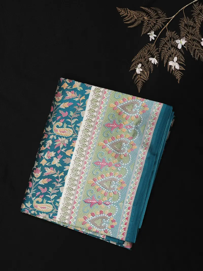 Peacock Teal Blue Paisley Printed Design Crepe Silk Saree 1