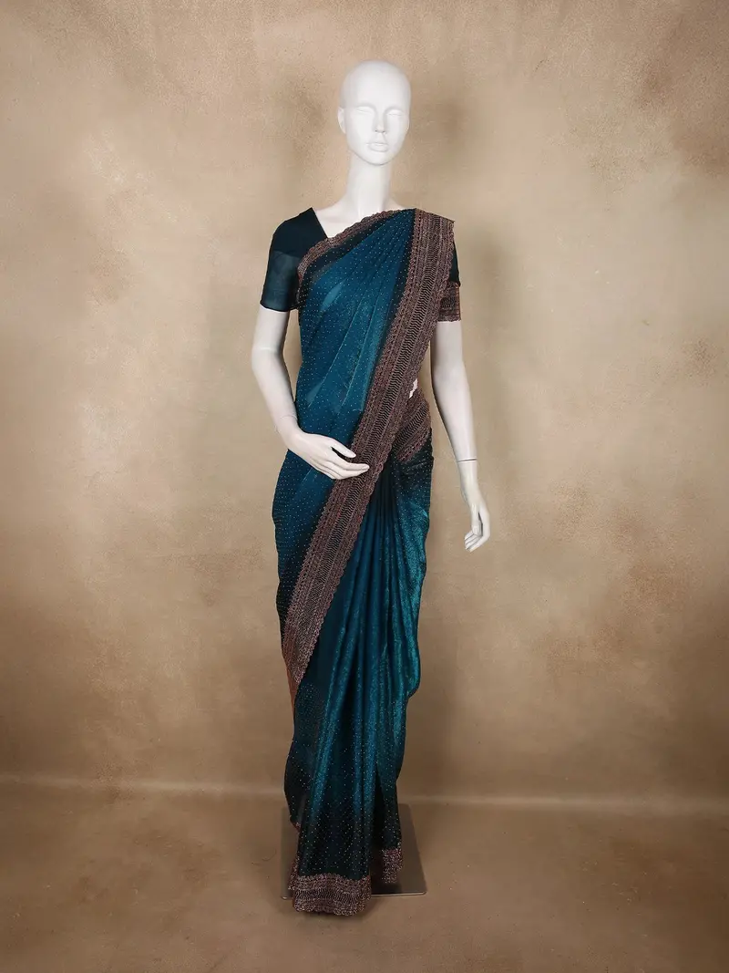 Peacock Teal Blue Stone Embellished Design Organza Designer Saree 1