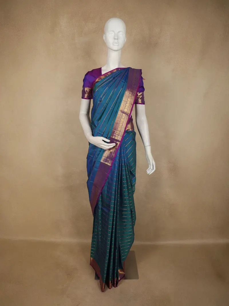 Peacock Teal Blue Striped Zari Woven Design Pure Kanchipuram Silk Saree With Contrast Zari Border 1