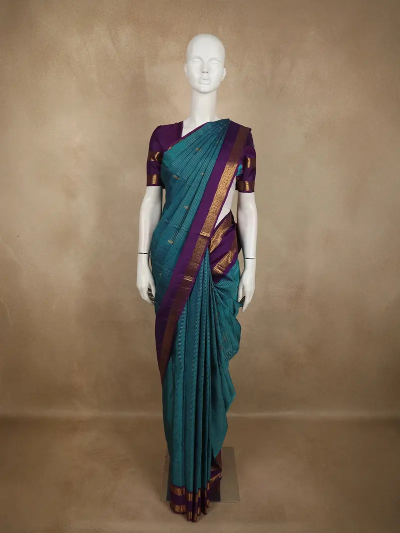Peacock Teal Blue Striped Zari Woven Design Pure Kanchipuram Silk Saree With Double Zari Border 1