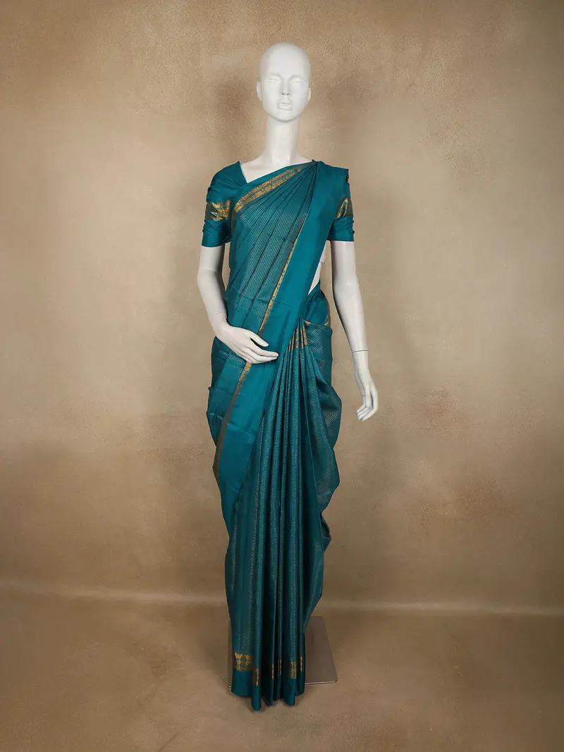 Peacock Teal Blue Stripes Zari Woven Design Pure Kanchipuram Silk Saree With Zari Border 1