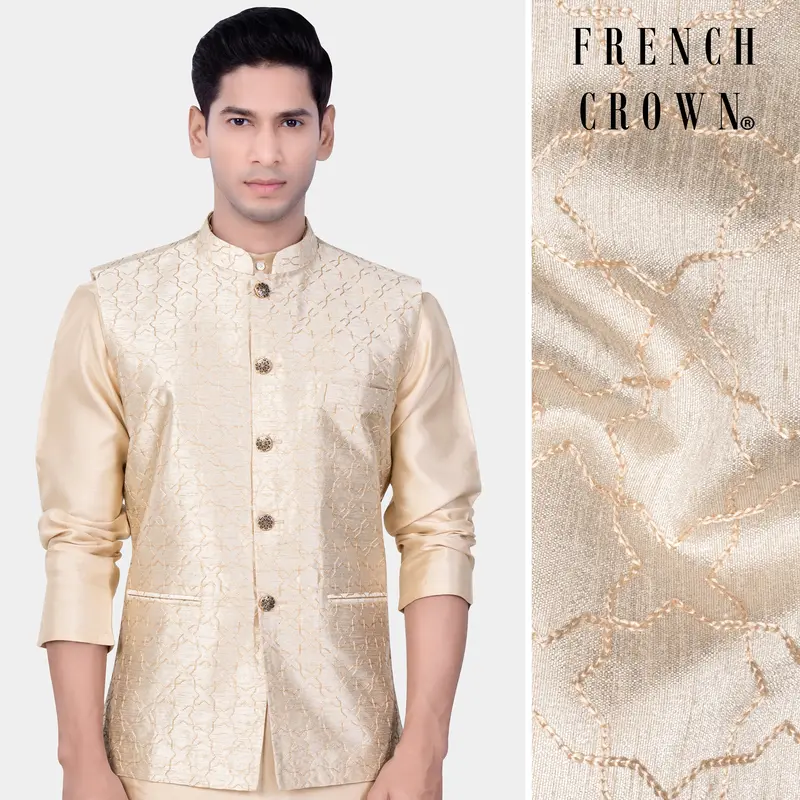Pearl Bush Cream Hexagon Designer Embroidered Nehru Jacket 1