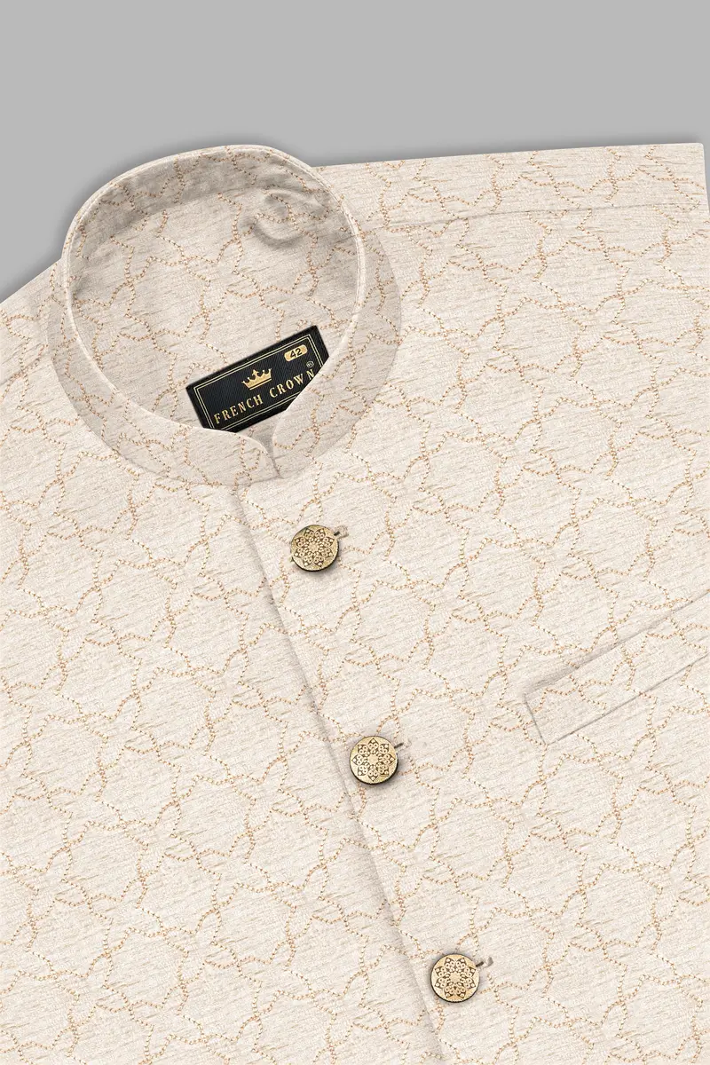 Pearl Bush Cream Hexagon Designer Embroidered Nehru Jacket 10