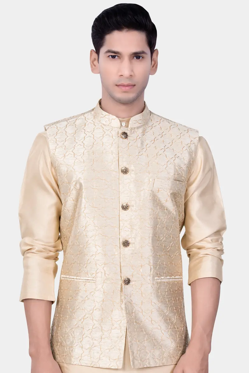 Pearl Bush Cream Hexagon Designer Embroidered Nehru Jacket 2