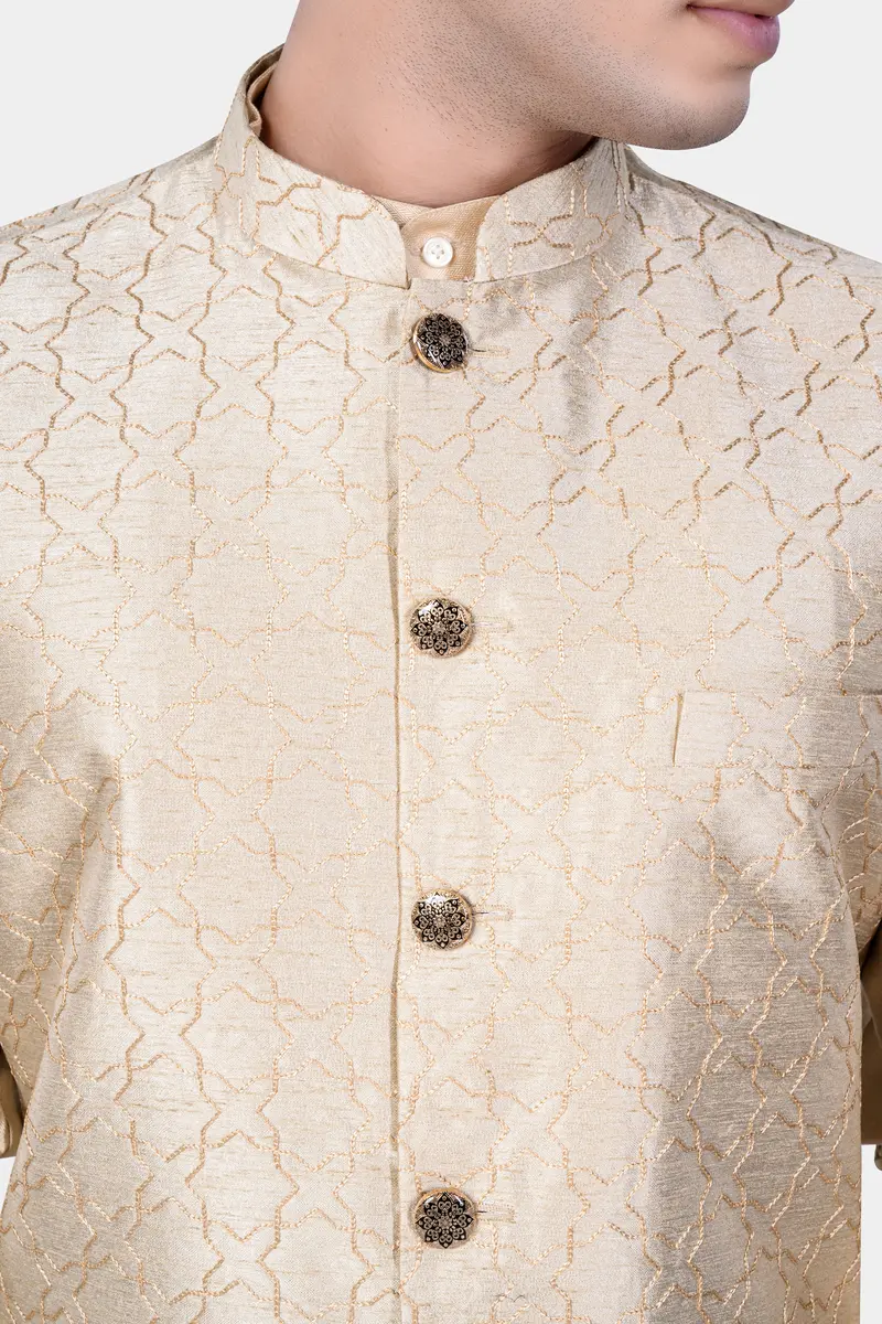 Pearl Bush Cream Hexagon Designer Embroidered Nehru Jacket 4