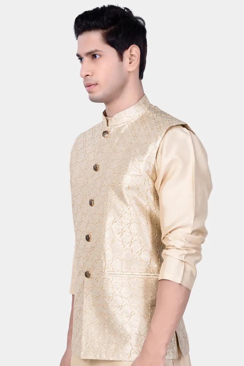 Pearl Bush Cream Hexagon Designer Embroidered Nehru Jacket 5