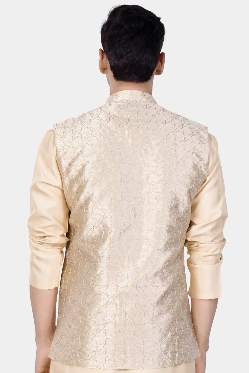 Pearl Bush Cream Hexagon Designer Embroidered Nehru Jacket 6