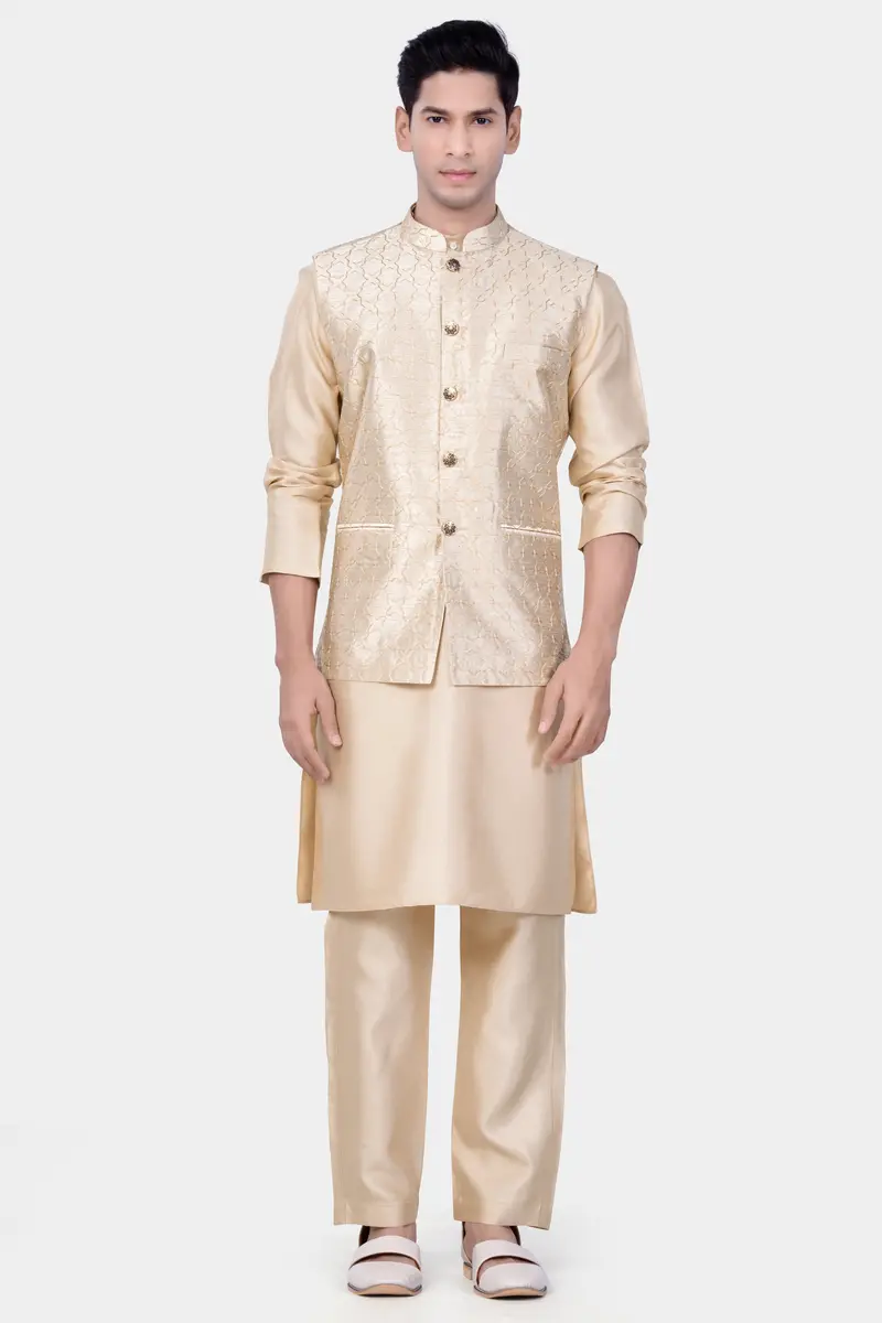 Pearl Bush Cream Hexagon Designer Embroidered Nehru Jacket 7