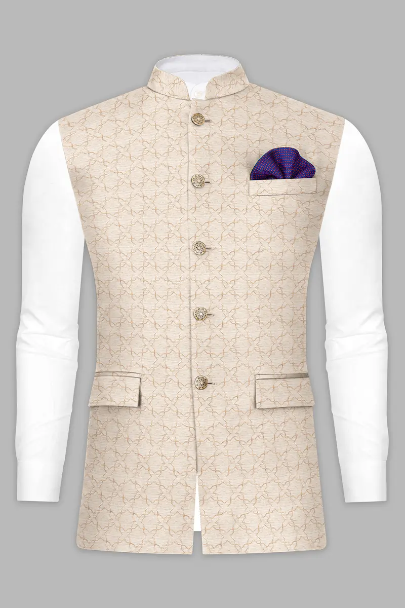 Pearl Bush Cream Hexagon Designer Embroidered Nehru Jacket 8