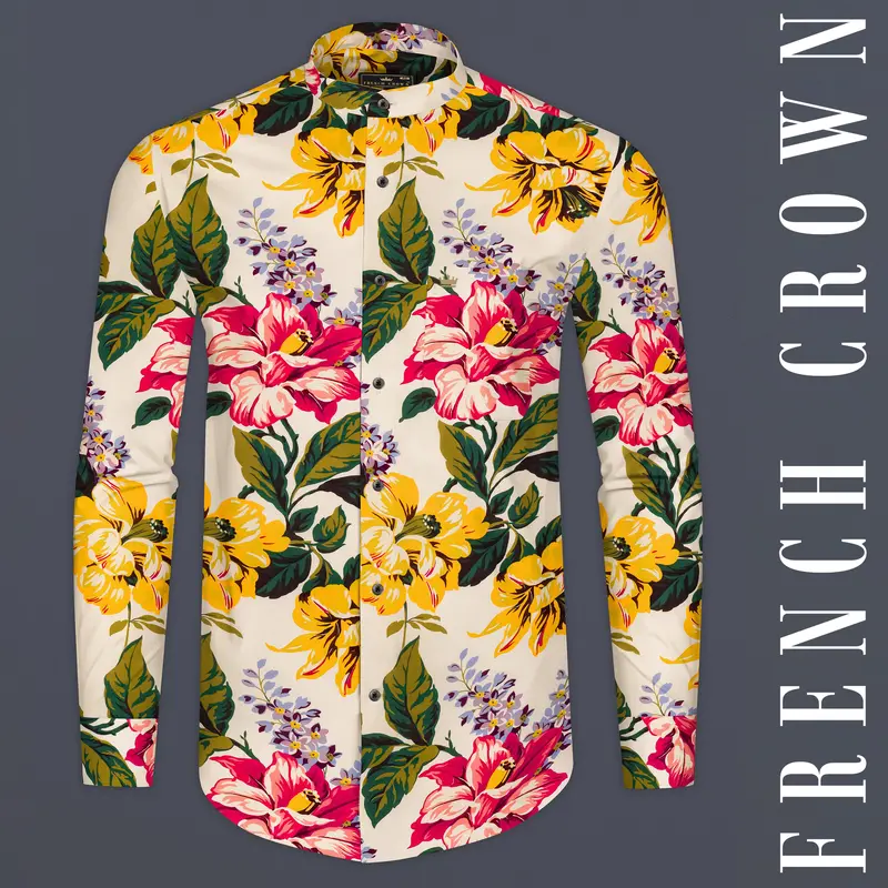 Pearl Bush Cream Multi Color Flower Printed Giza Cotton Shirt 1