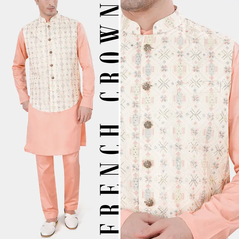 Pearl Cream Embroidered With Sequins Work Sleeveless Jacket With Cashmere Peach Kurta And Pajama Set 1