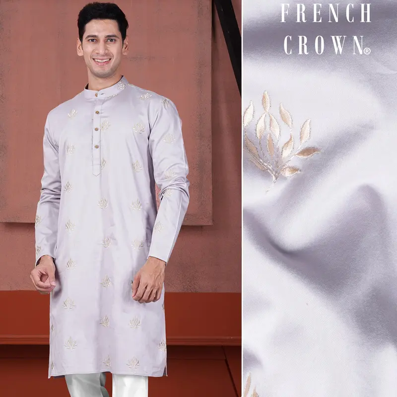 Pearl Lavender Leaves Embroidered Subtle Sheen Super Soft Premium Cotton Designer Kurta 1