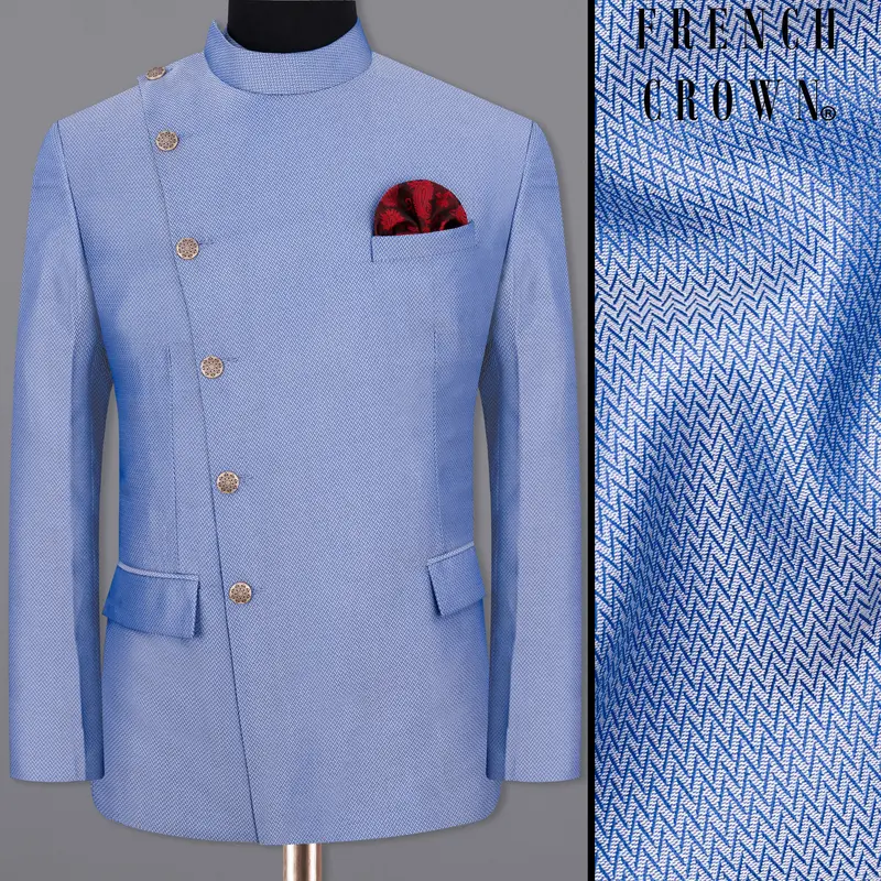 Perano Blue Chevron Textured Cross Placket Bandhgala Designer Blazer 1