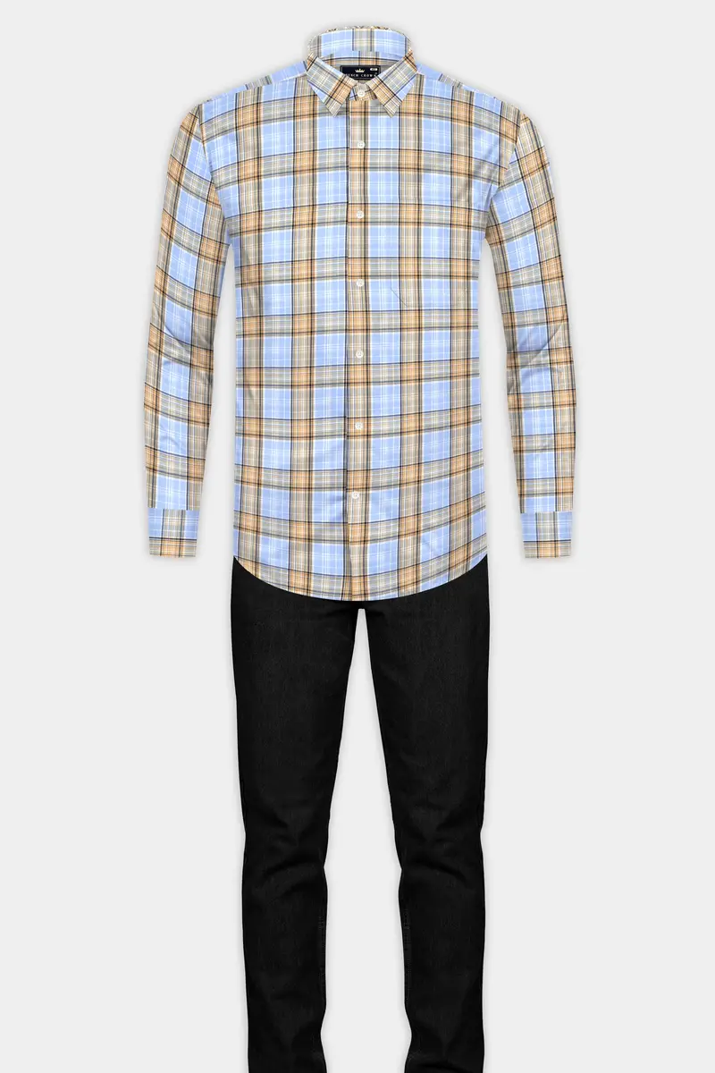 Perano Blue With Apache Brown Twill Plaid Premium Cotton Shirt 6