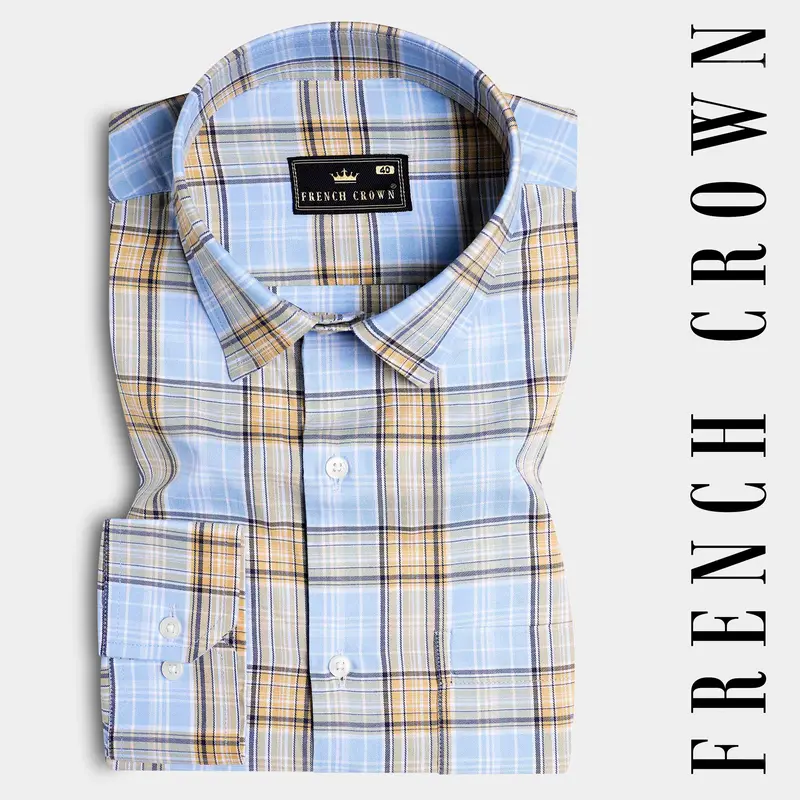 Perano Blue With Apache Brown Twill Plaid Premium Cotton Shirt 7