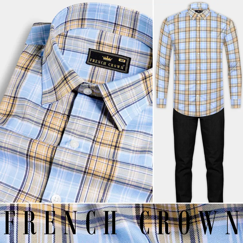 Perano Blue With Apache Brown Twill Plaid Premium Cotton Shirt 8