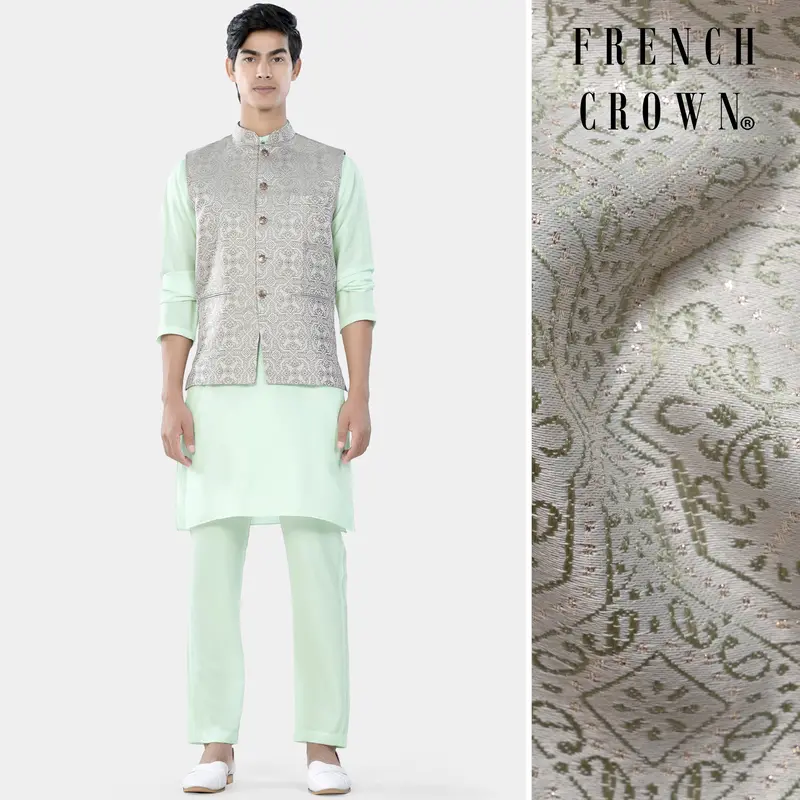 Periglacial Green Kurta Set With Gainsboro Gray And Sage Green Geometric Jacquard Textured Designer Nehru Jacket 1