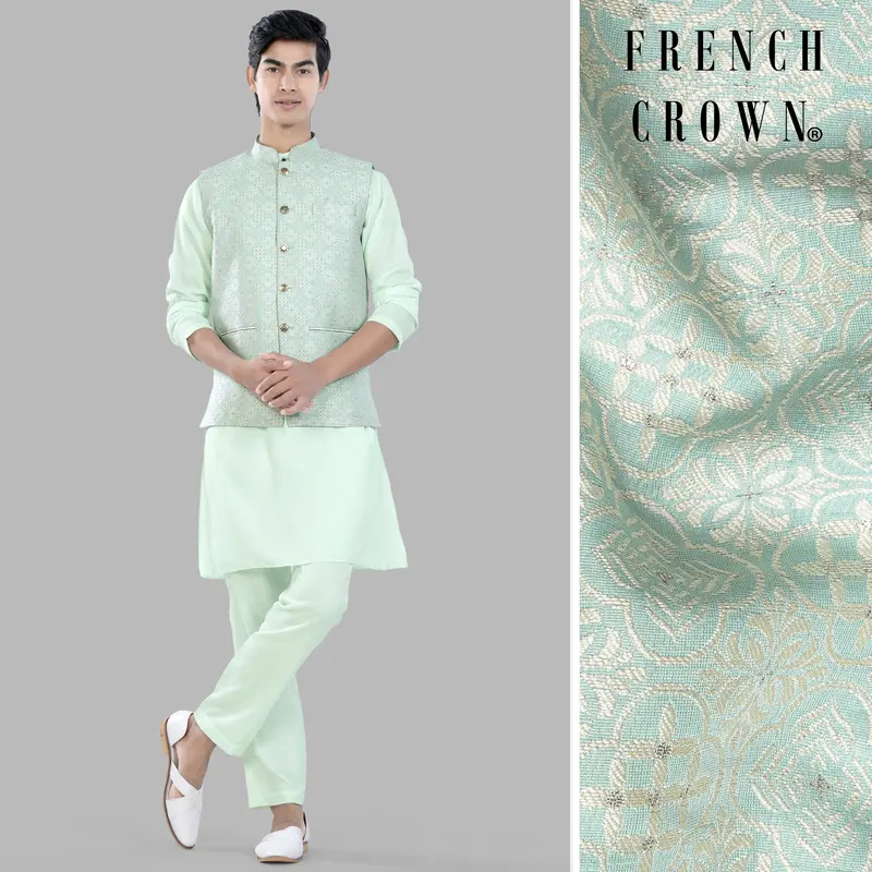 Periglacial Green Kurta Set With Opal Green And White Moroccan Jacquard Textured Designer Nehru Jacket 1