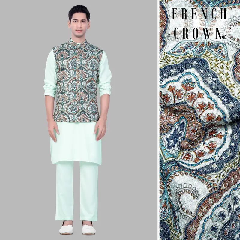 Periglacial Green Kurta Set With Shiraz Blue And Hippie Red Multicolour Embroidered Nehru Jacket 1