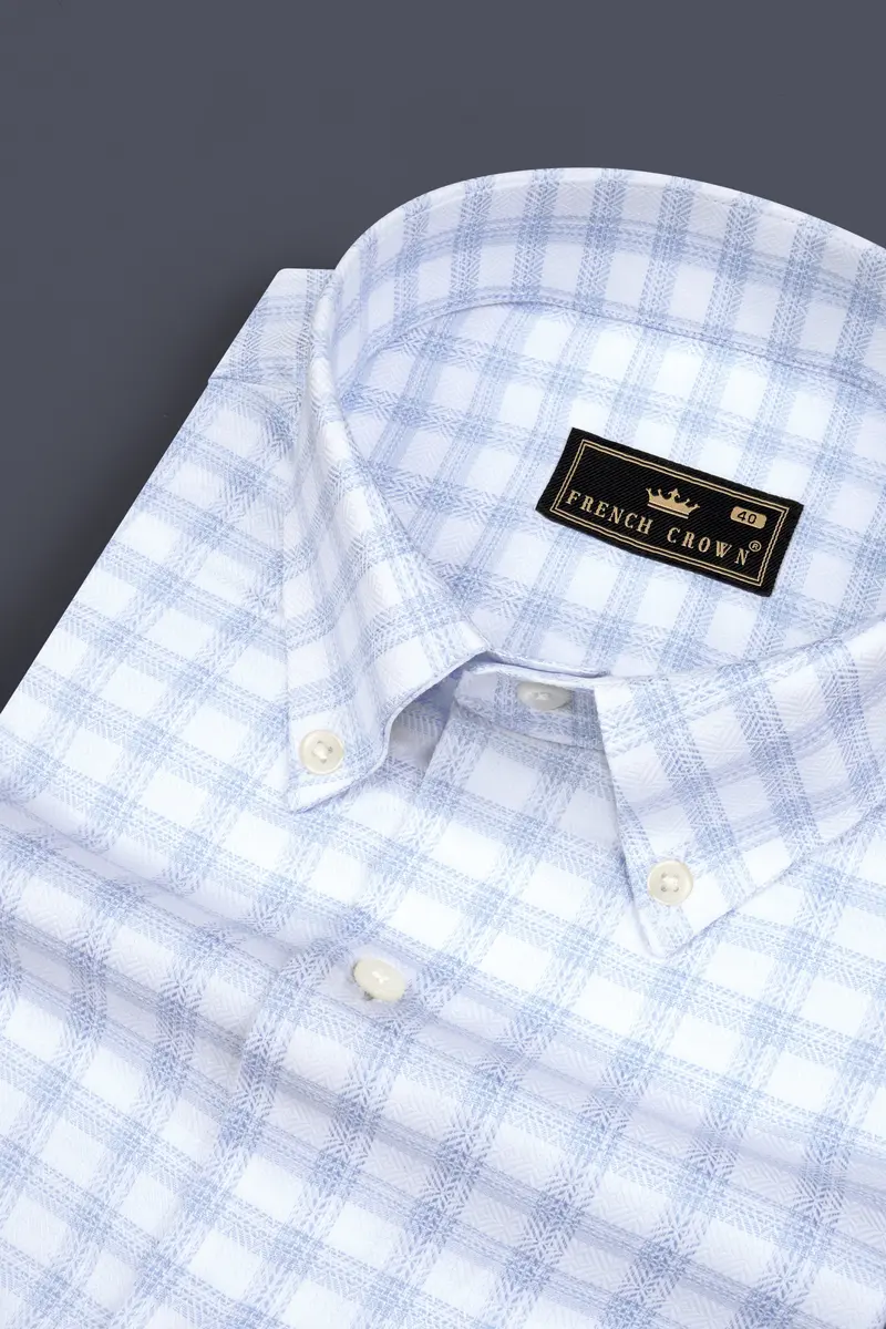 Periwinkle Blue And Bright White Checked Dobby Textured Premium Cotton Shirt 1