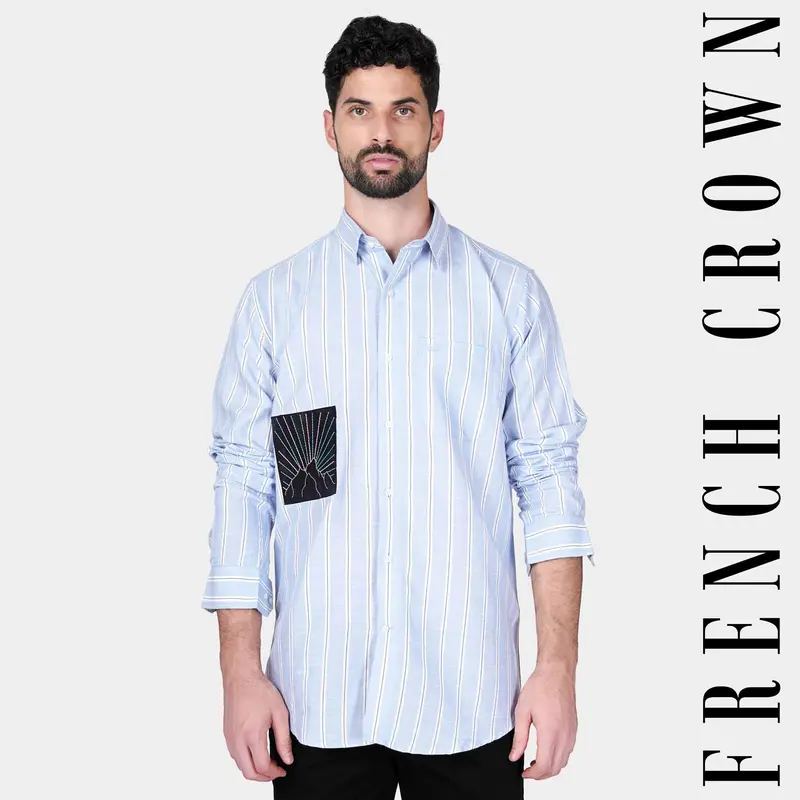 Periwinkle Blue And Bright White Striped With Patchwork Twill Premium Cotton Designer Shirt 1