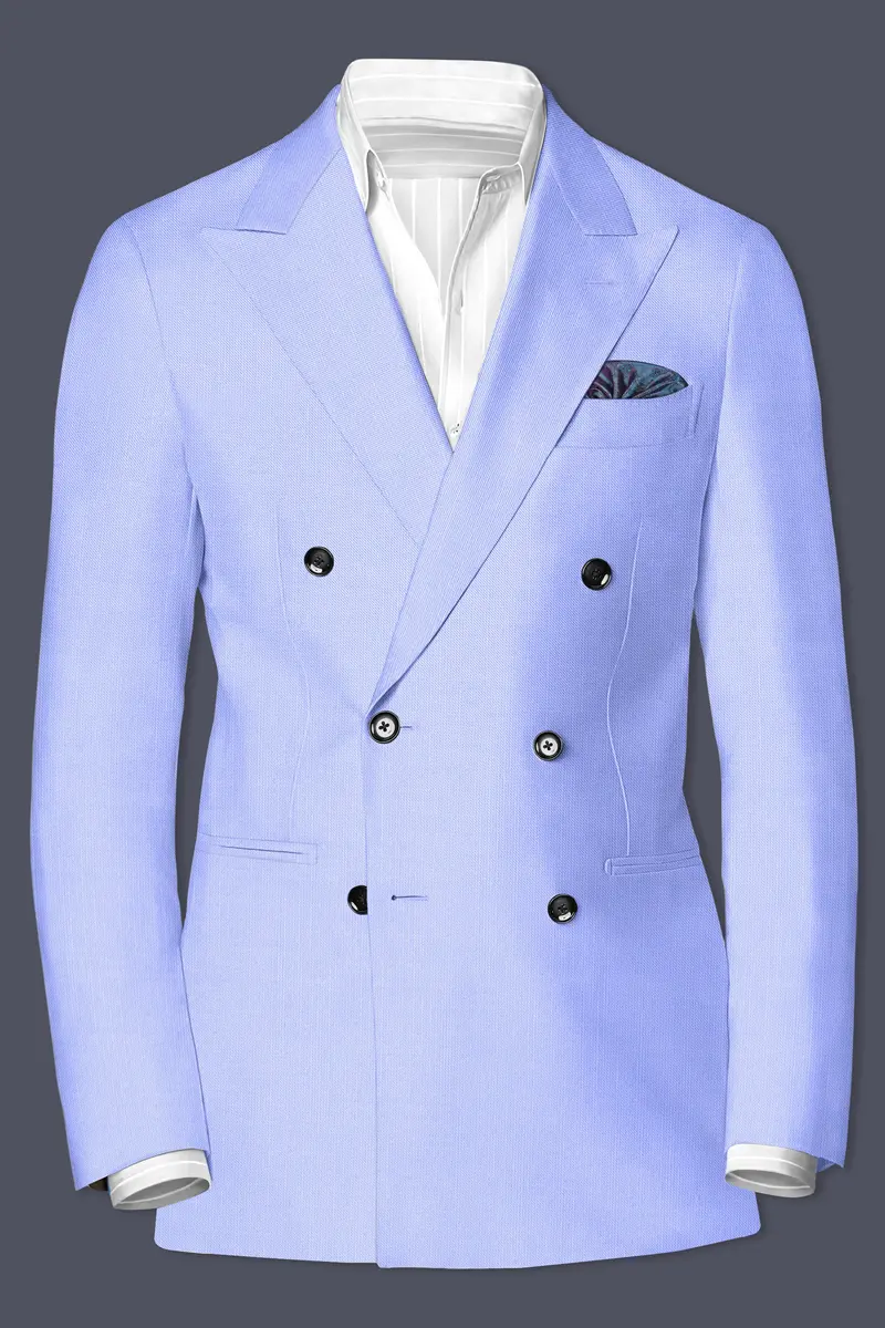 Periwinkle Blue Solid Wool Rich Double Breasted Slight Stretch Blazer 2