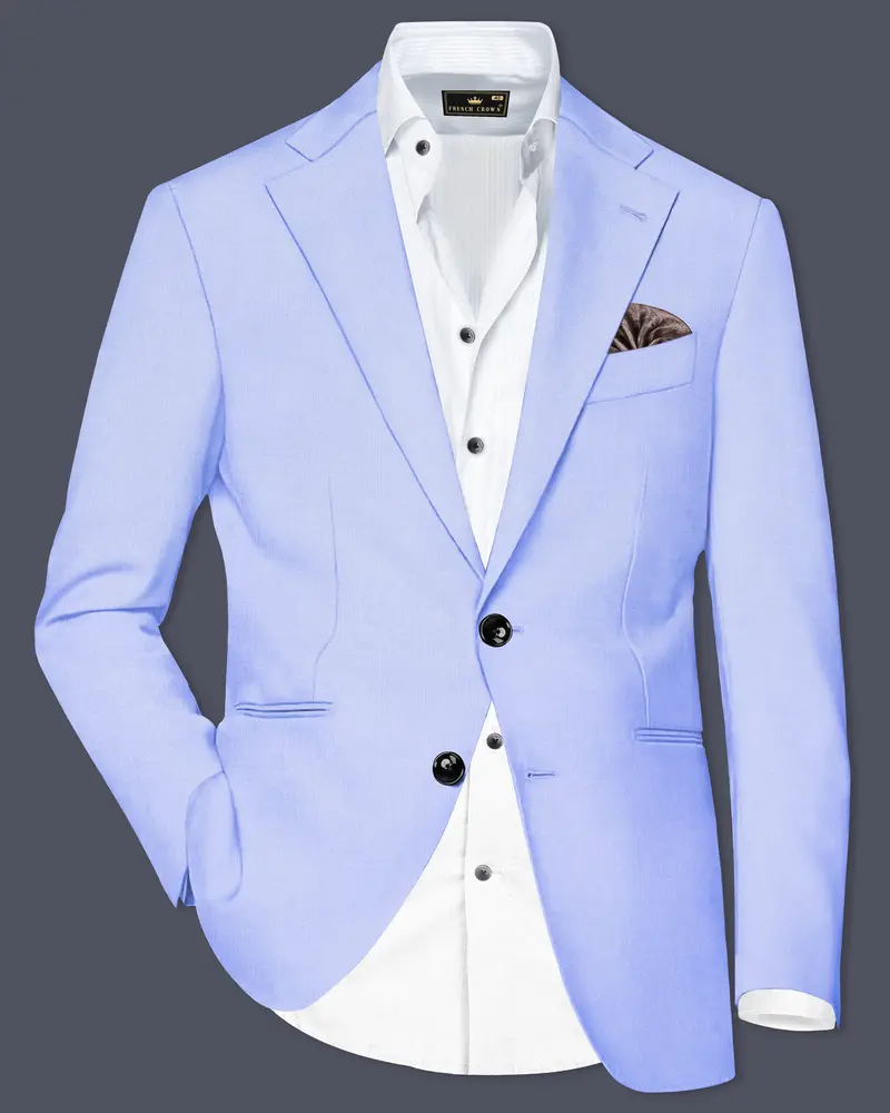 Periwinkle Blue  Solid Wool Rich Single Breasted Slight Stretch Blazer 1