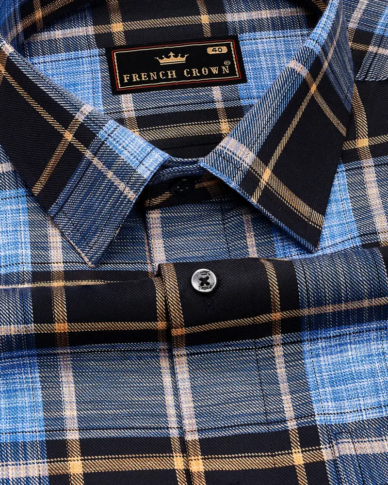 Periwinkle Blue With Black Twill Plaid Premium Cotton Shirt 1