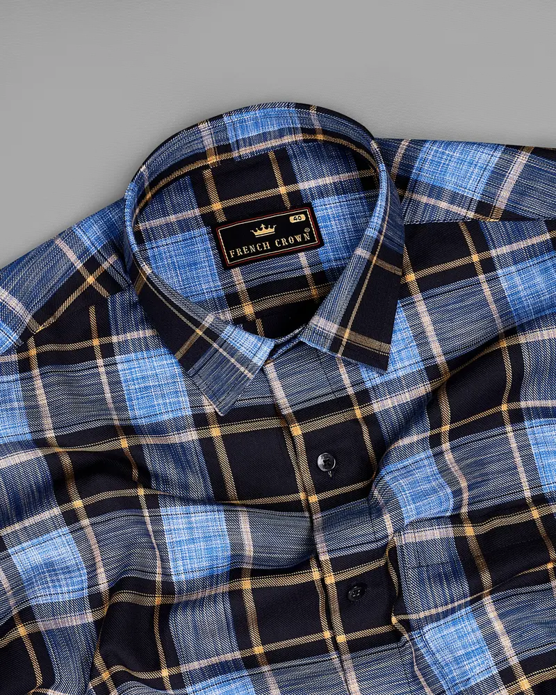 Periwinkle Blue With Black Twill Plaid Premium Cotton Shirt 4
