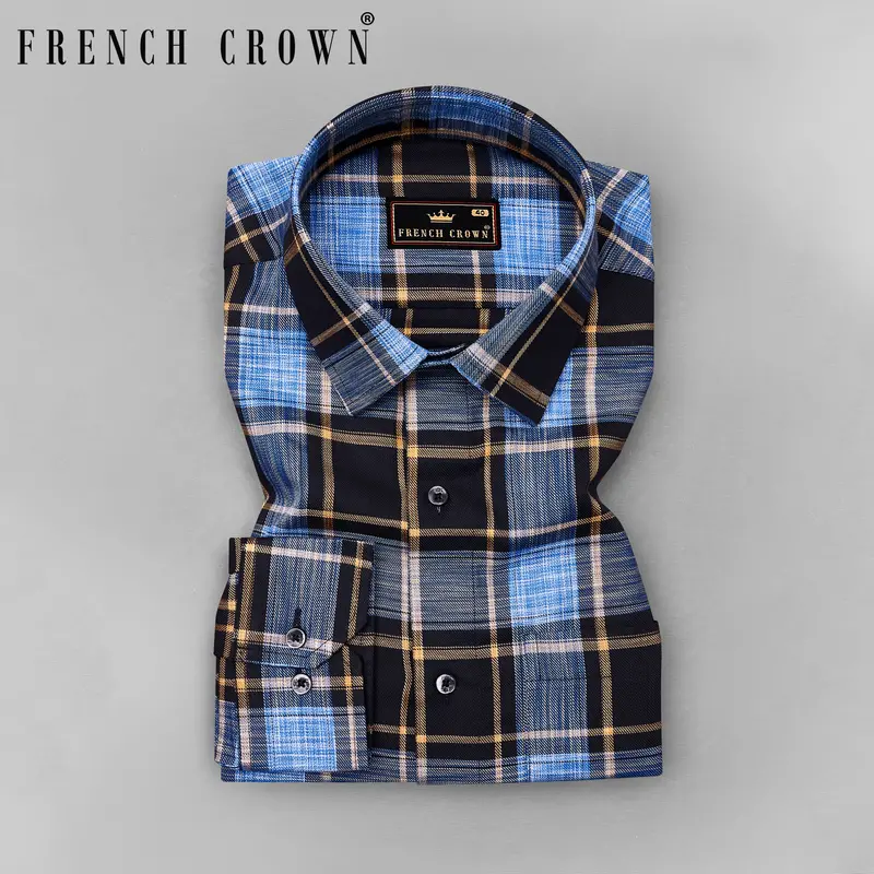 Periwinkle Blue With Black Twill Plaid Premium Cotton Shirt 7
