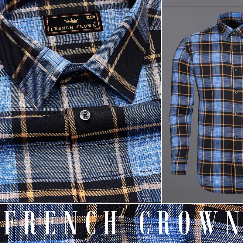 Periwinkle Blue With Black Twill Plaid Premium Cotton Shirt 9