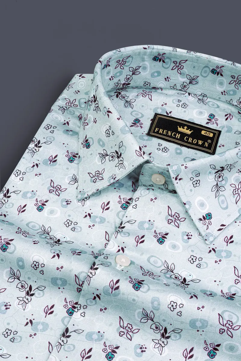 Periwinkle Blue With Melanzane Maroon Flower Printed Super Soft Premium Cotton Shirt 1