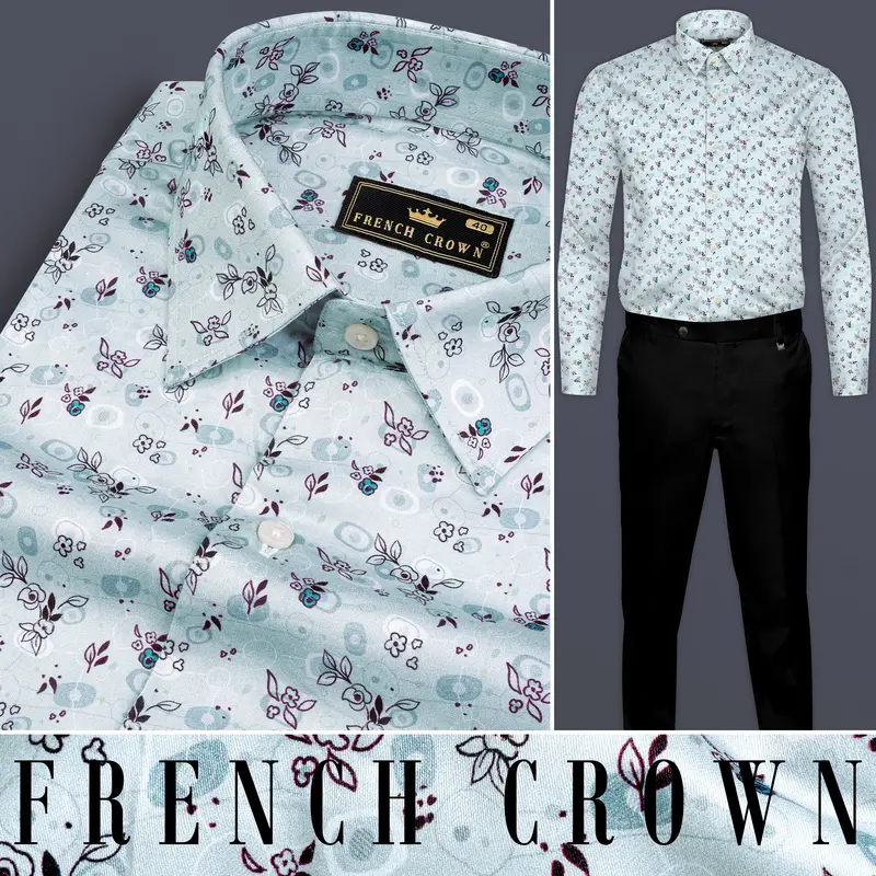 Periwinkle Blue With Melanzane Maroon Flower Printed Super Soft Premium Cotton Shirt 10