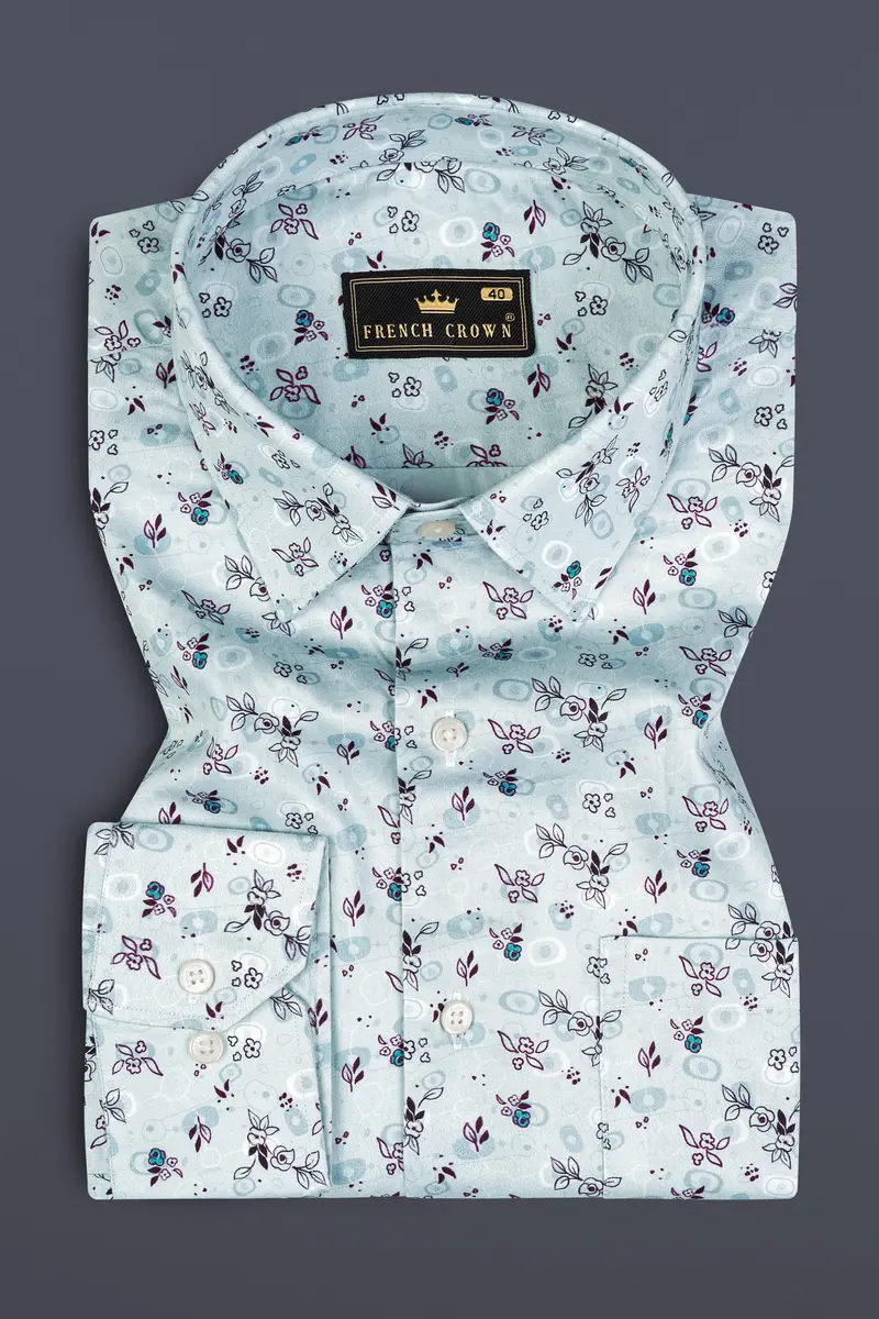 Periwinkle Blue With Melanzane Maroon Flower Printed Super Soft Premium Cotton Shirt 3