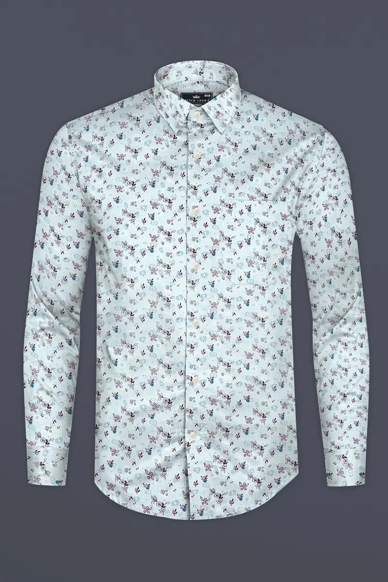 Periwinkle Blue With Melanzane Maroon Flower Printed Super Soft Premium Cotton Shirt 4