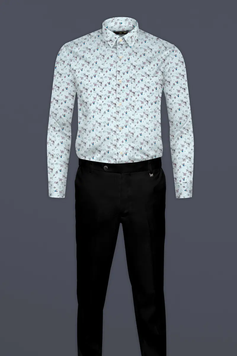 Periwinkle Blue With Melanzane Maroon Flower Printed Super Soft Premium Cotton Shirt 6