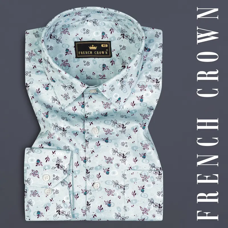 Periwinkle Blue With Melanzane Maroon Flower Printed Super Soft Premium Cotton Shirt 7