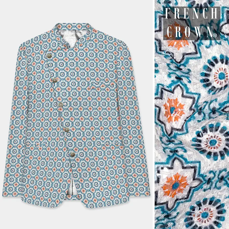 Persian Blue And Crusta Orange Hexagon Thread Embroidered Cross Placket Bandhgala Jodhpuri 1