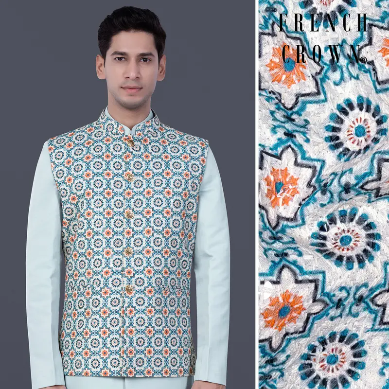 Persian Blue And Crusta Orange Hexagon Thread Embroidered Nehru Jacket 1