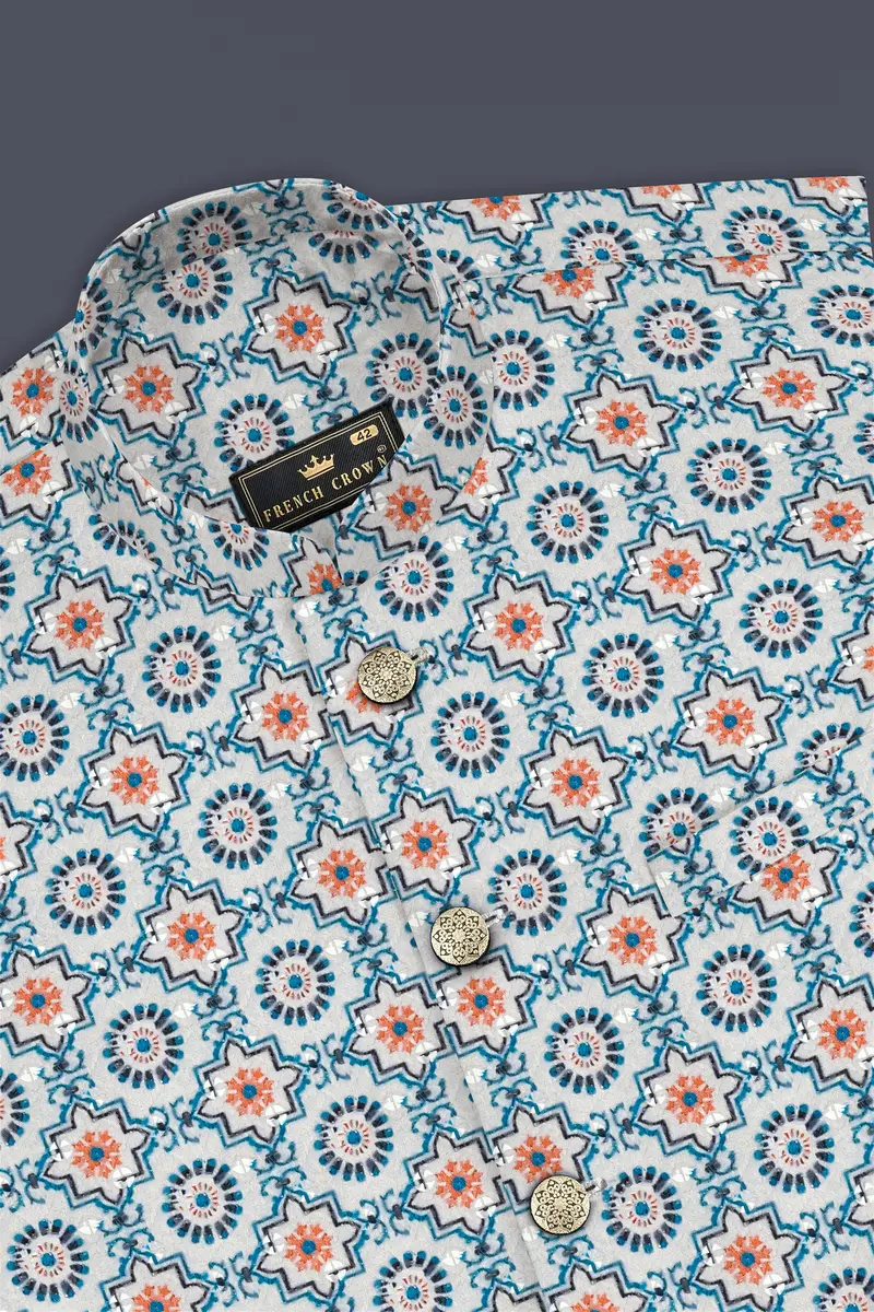 Persian Blue And Crusta Orange Hexagon Thread Embroidered Nehru Jacket 10