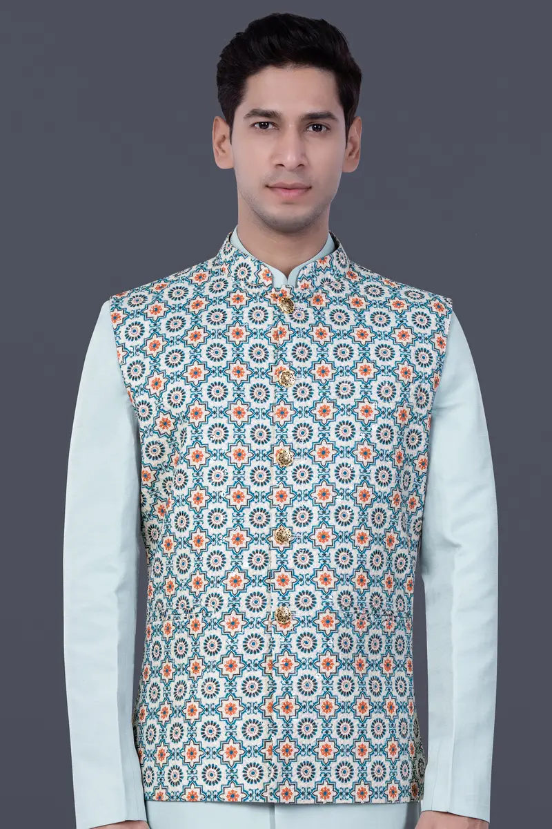 Persian Blue And Crusta Orange Hexagon Thread Embroidered Nehru Jacket 2