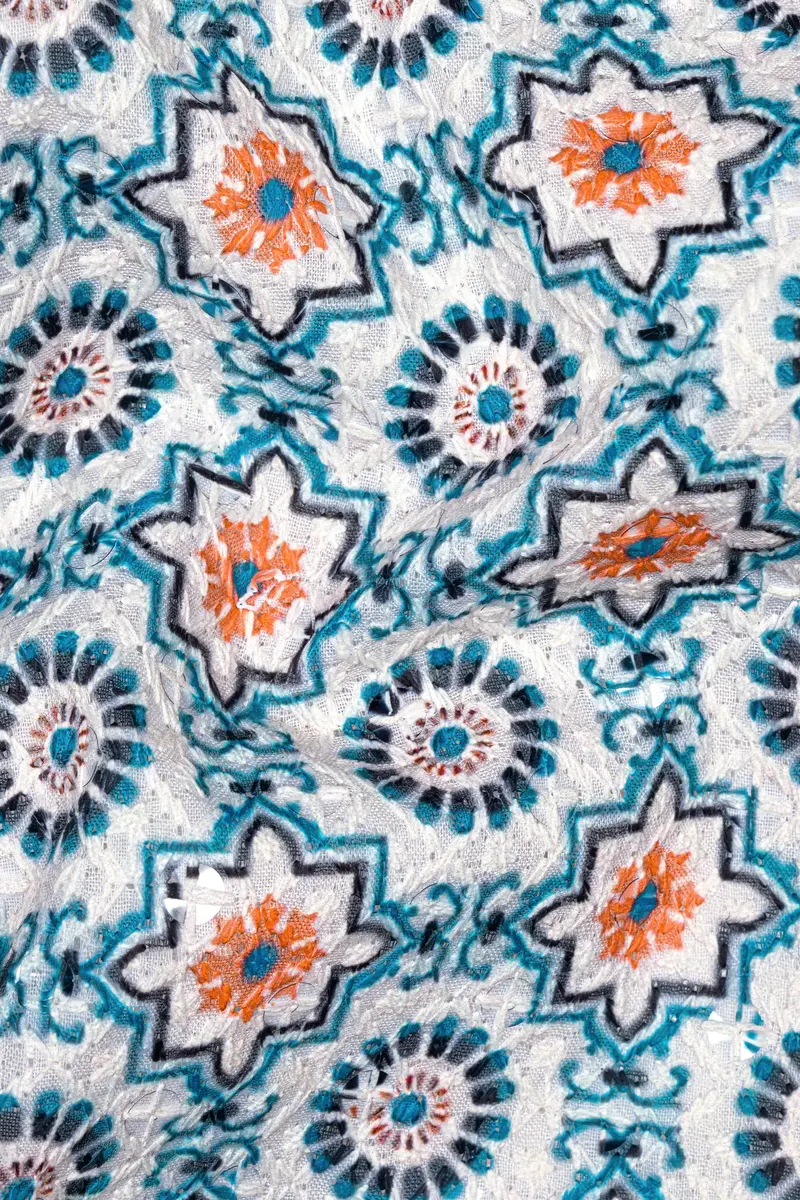 Persian Blue And Crusta Orange Hexagon Thread Embroidered Nehru Jacket 3