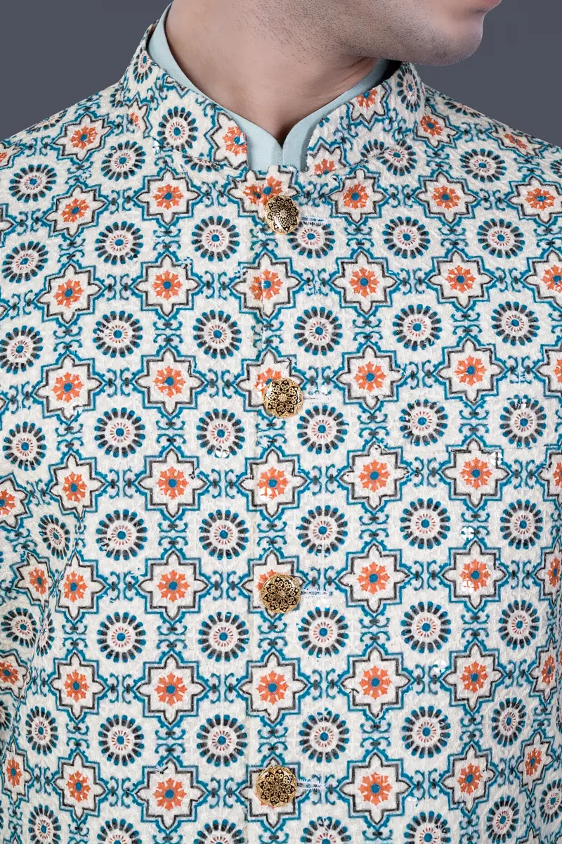 Persian Blue And Crusta Orange Hexagon Thread Embroidered Nehru Jacket 4
